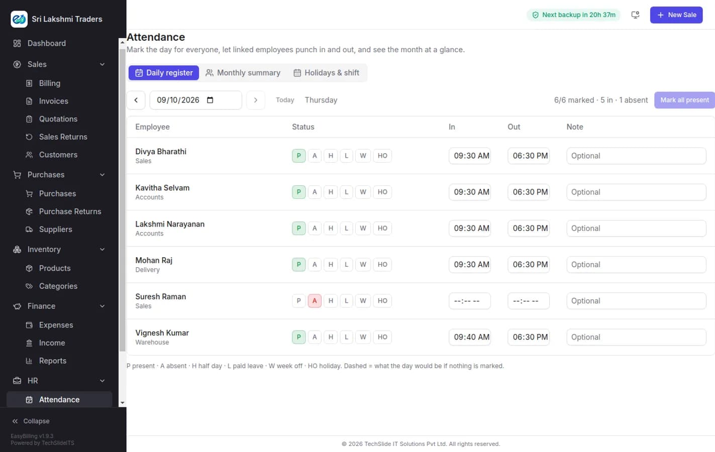 EasyBilling attendance daily register showing each employee with status buttons for present, absent, half day, leave, week off and holiday, along with in and out times