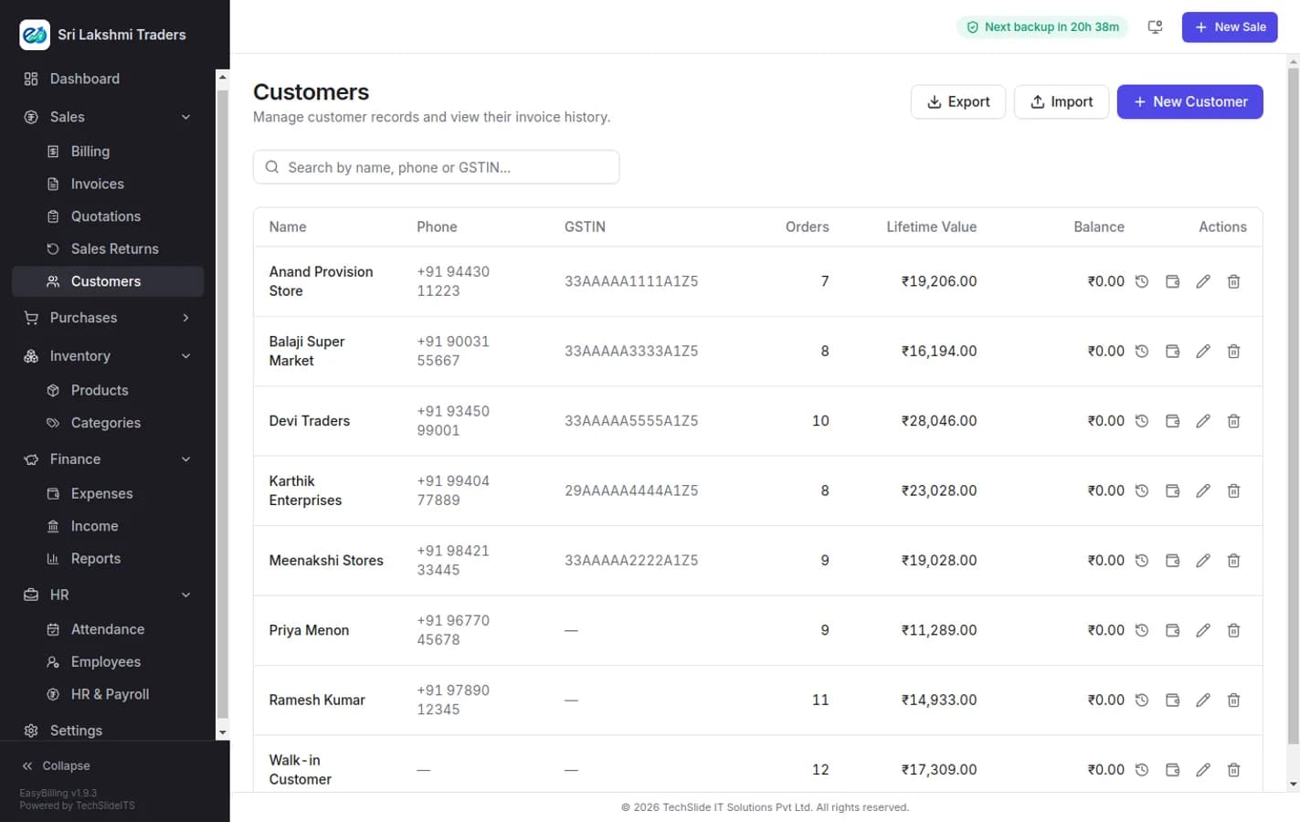 EasyBilling customer list showing name, phone number, GSTIN and outstanding balance for each account