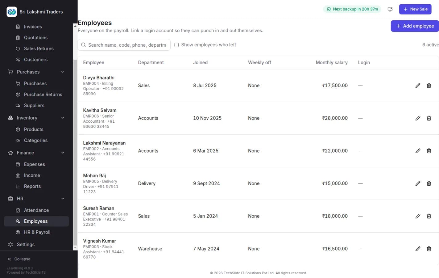 EasyBilling employees list showing each person with their employee code, designation, phone number, department, joining date, weekly off and monthly salary