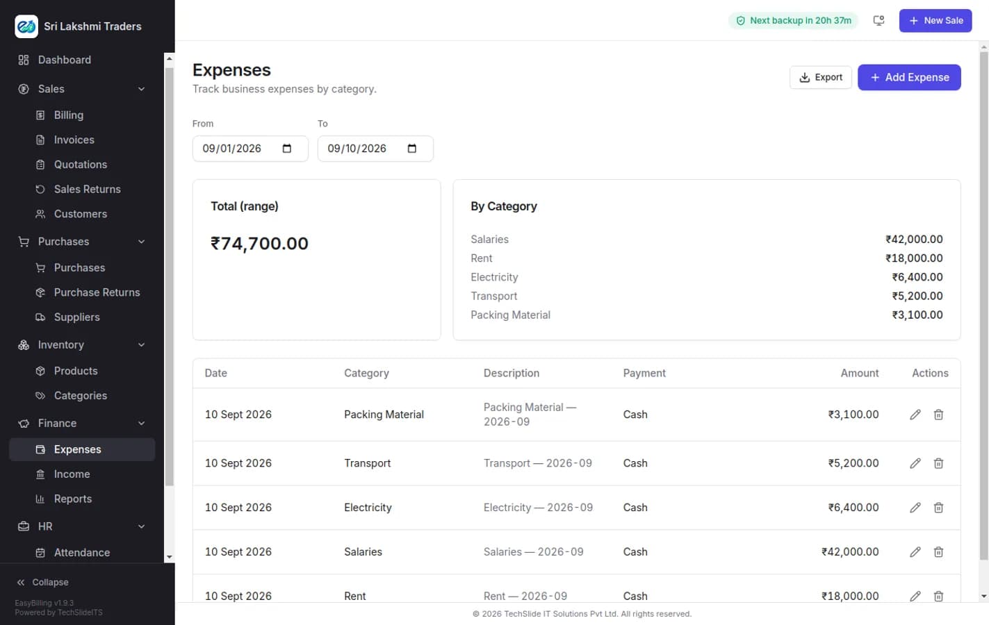 EasyBilling expenses screen listing business expenses by category, date, amount and payment mode