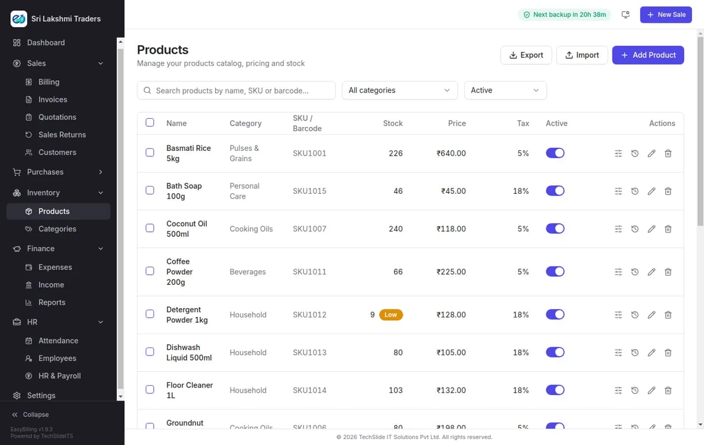 EasyBilling product list showing each item with its SKU, category, HSN code, purchase price, selling price, GST rate and current stock quantity