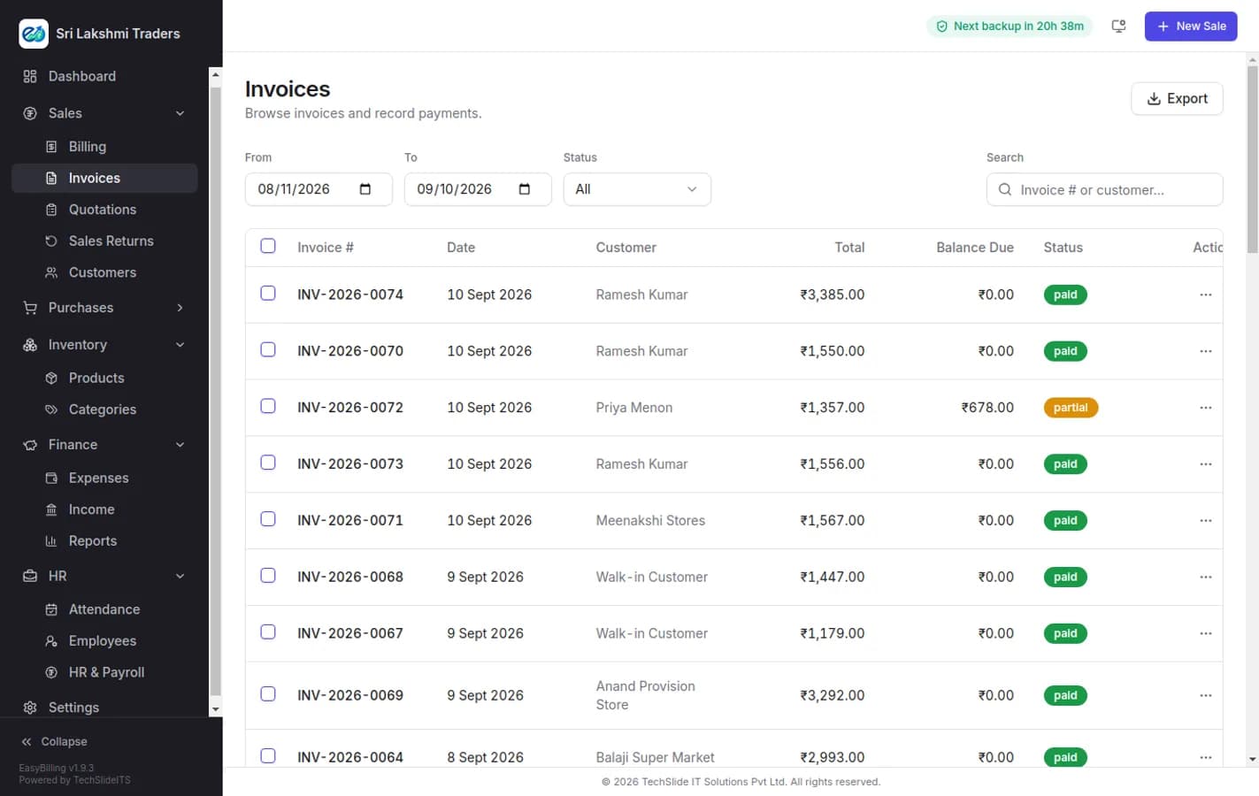EasyBilling invoice list filtered by date and status, showing invoice number, date, customer, total, balance due and a paid, partial or unpaid badge for each row