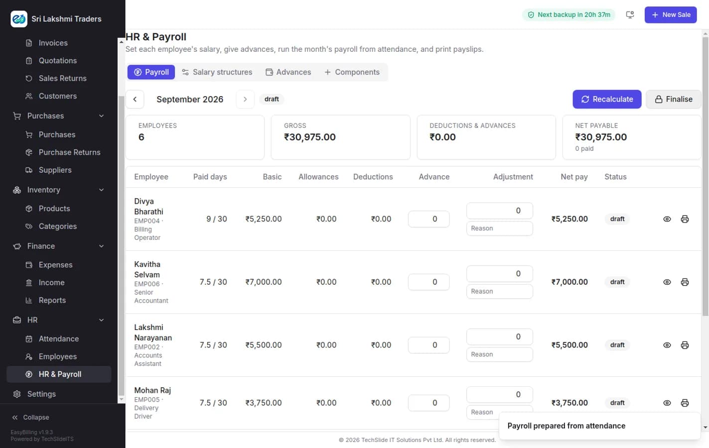 EasyBilling payroll screen for September showing six employees with paid days, basic pay, allowances, deductions, advances and net pay, above summary tiles for gross, deductions and net payable