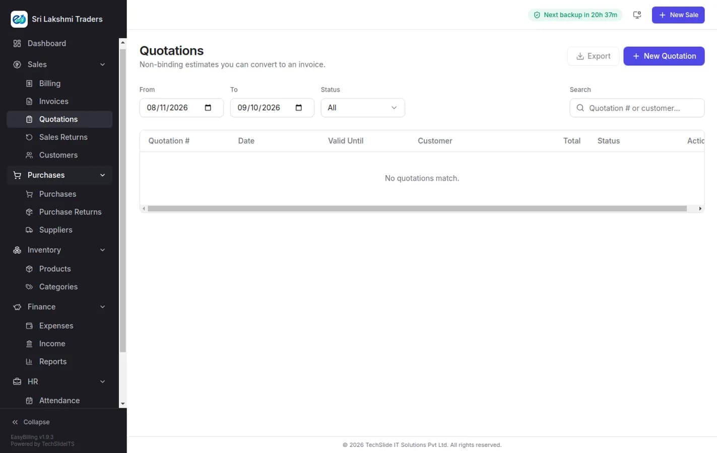 EasyBilling purchases screen listing supplier bills with dates, amounts and payment status