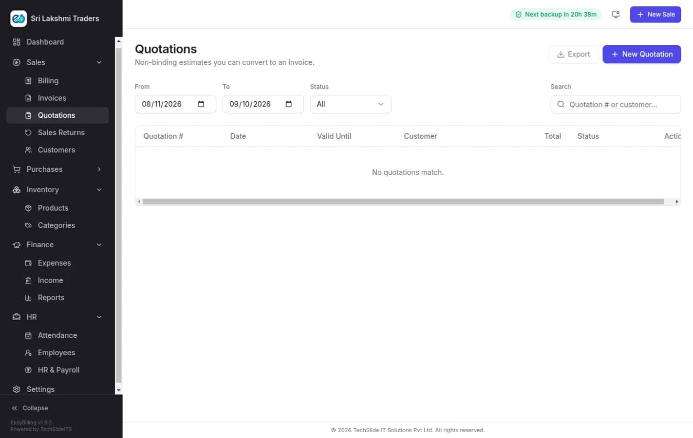 EasyBilling quotations screen for raising and tracking quotes before converting them into invoices