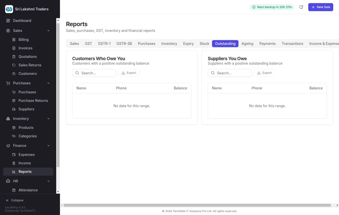EasyBilling outstanding report listing customers with unpaid balances and ageing analysis, used to prioritise payment follow-up