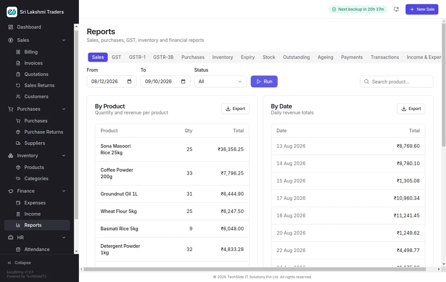 EasyBilling reports screen showing tabs for sales, GST, GSTR-1, GSTR-3B, purchases, inventory, expiry, stock, outstanding, ageing, payments, transactions and income and expense, with date range filters