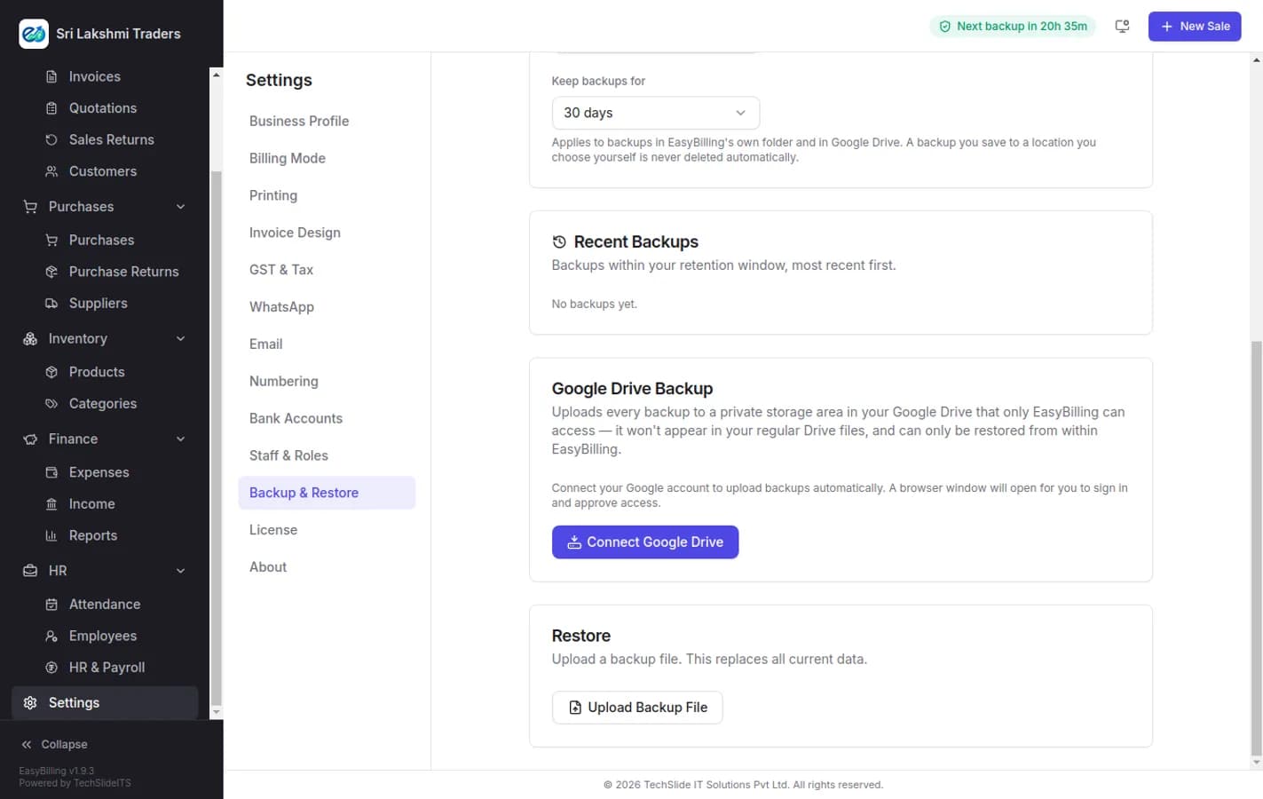 EasyBilling backup settings showing the Google Drive Backup card explaining that backups upload to a private storage area only EasyBilling can access, with a Connect Google Drive button, alongside recent backups and restore options