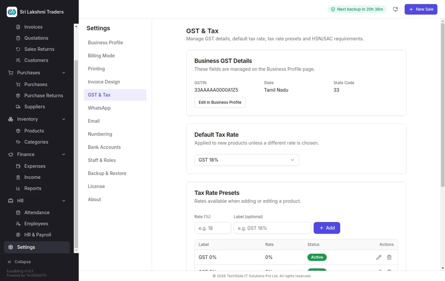 EasyBilling GST and tax settings screen showing the business GSTIN, state and state code, the default tax rate, tax rate presets and the option to require HSN or SAC codes