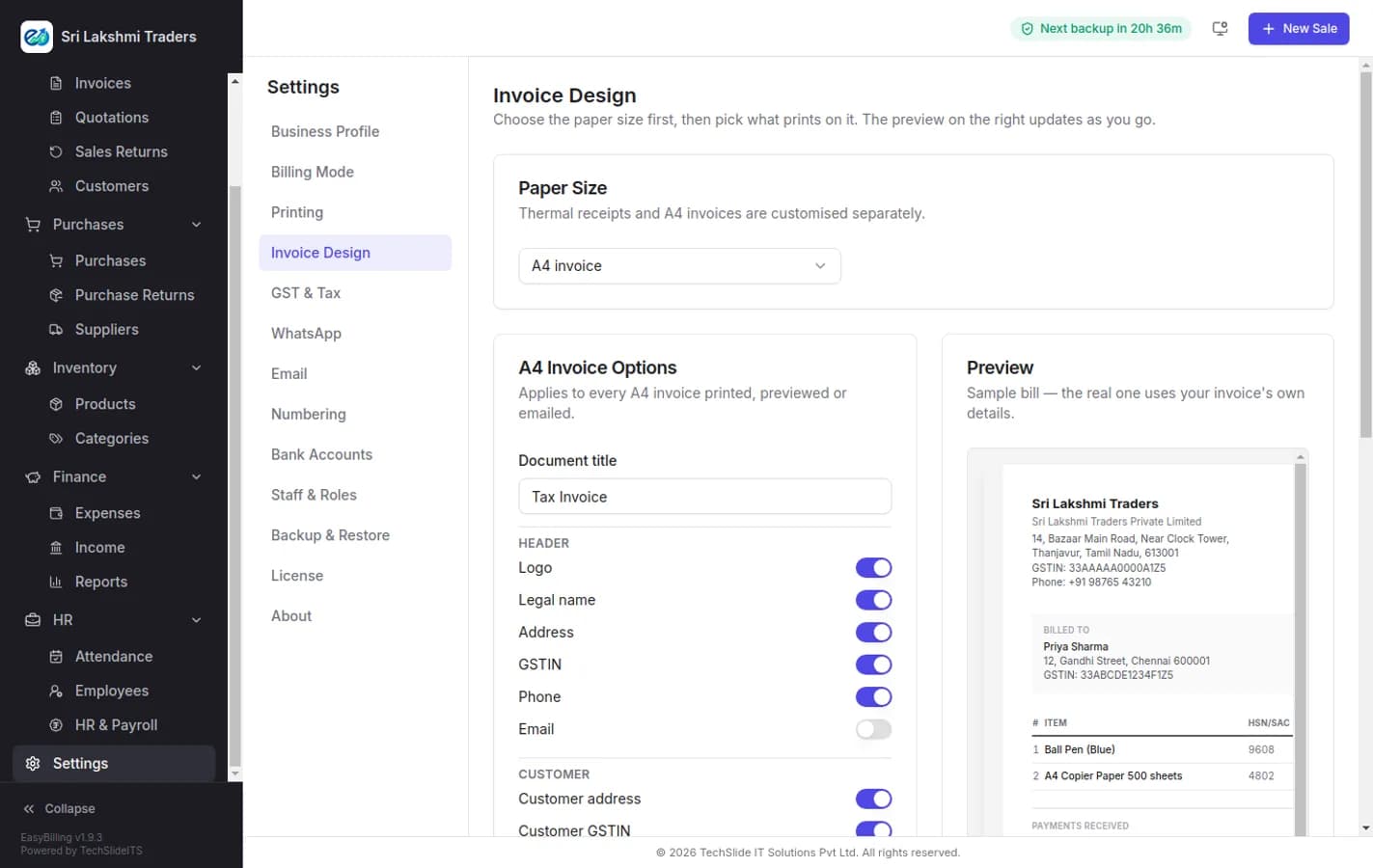 EasyBilling invoice design settings showing paper size selection for A4 and thermal receipts with layout options and a live preview of the printed invoice