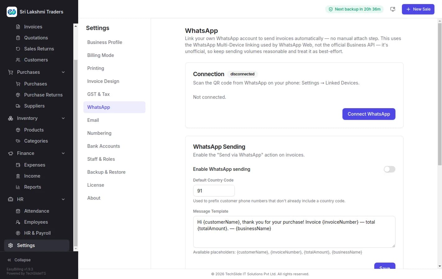 EasyBilling WhatsApp settings screen for linking a WhatsApp account so invoices and payment reminders send automatically