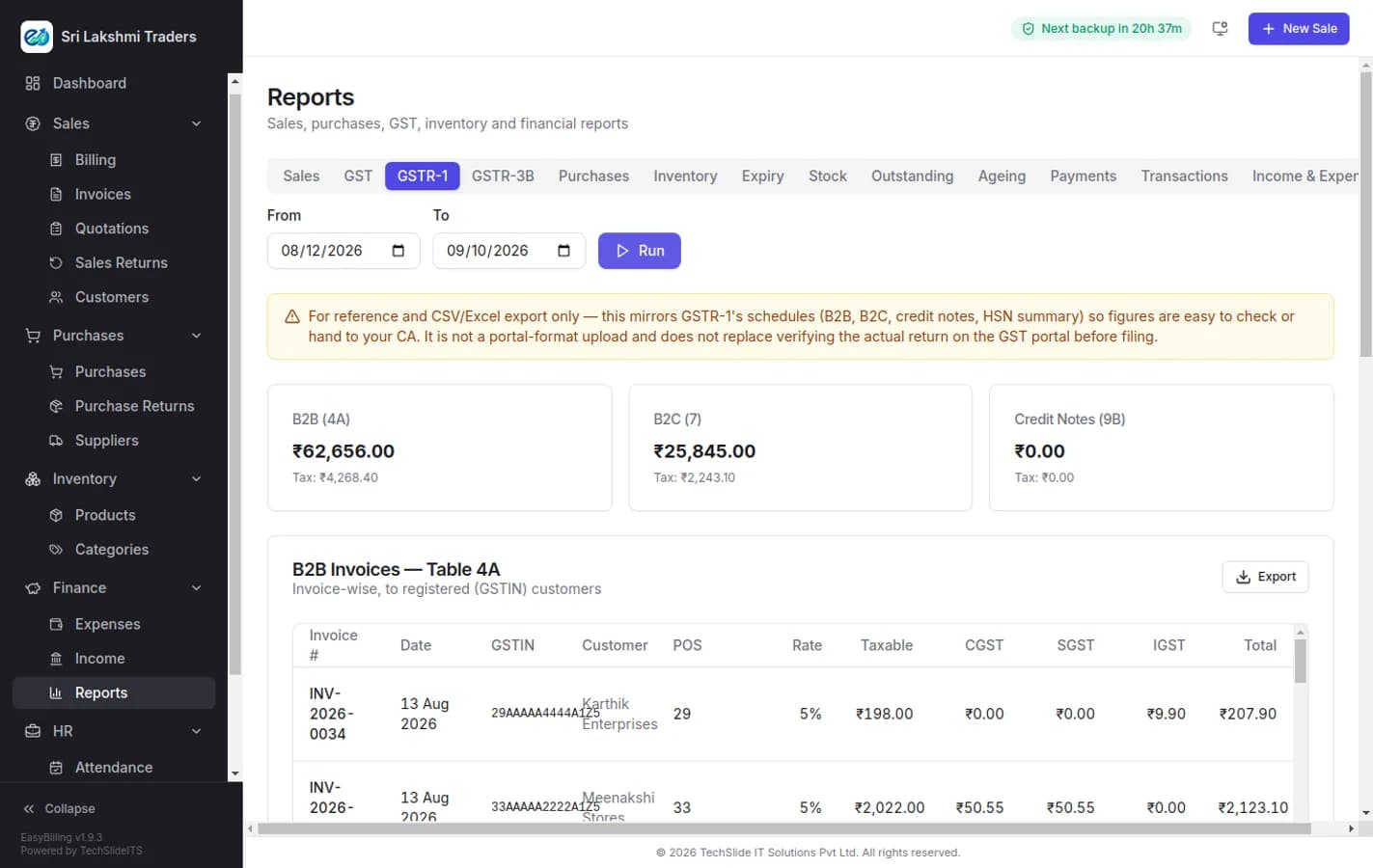 The GSTR-1 report in EasyBilling